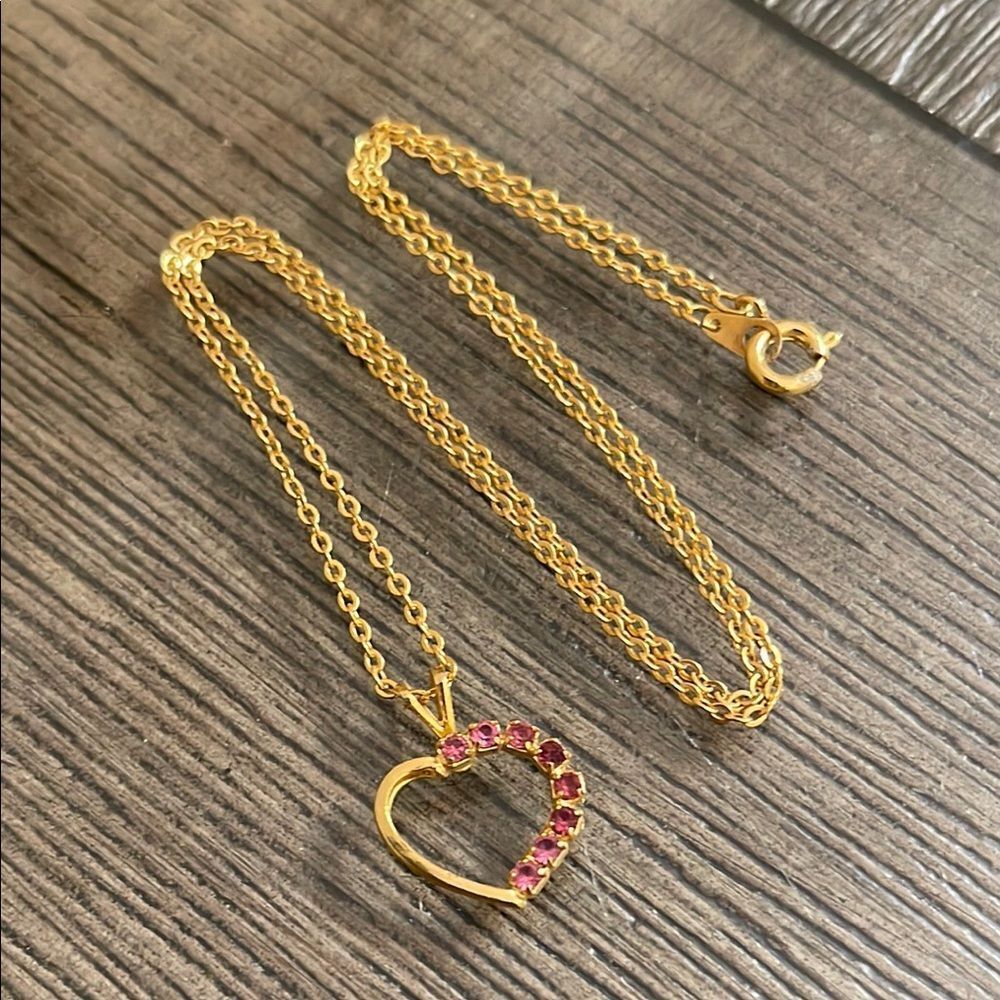 Vintage Gold Heart Necklace with Pink Rhinestone Accents
